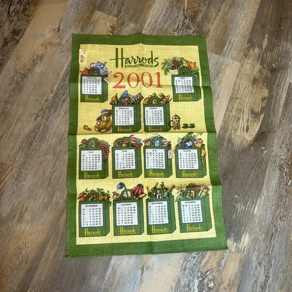 Harrods 100% Linen Calendar Tea Towel 2001 NWT